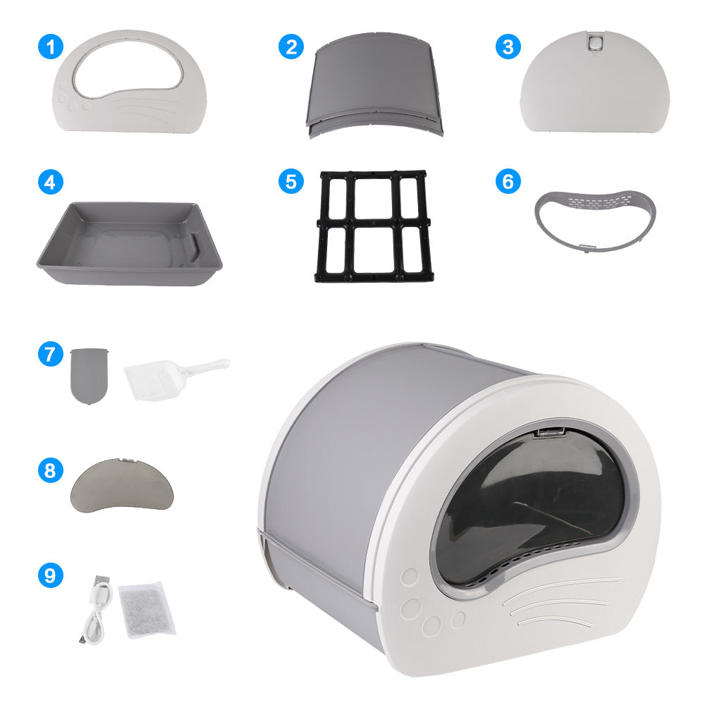 Large Cat Litter Box Anti-Splashing Cat Pan Drawer Cat Potty Tray with Sterilizing Light - Grey